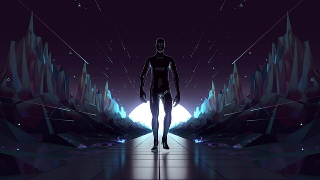 VJ Loop with walking fig
ure in strange landscape
