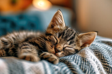 AI-generated illustration of a cute kitten napping peacefully on a cozy bed
