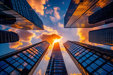 AI-generated illustration of towering skyscrapers at sunset against the backdrop of vibrant sky