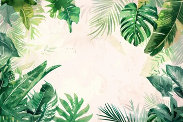 Watercolor illustration of a frame from tropical leaves with a white copy space on a center. AI generated - 781194164
