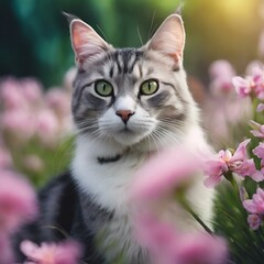 a gray and white cat sitting in pink flowers and looking at the camera