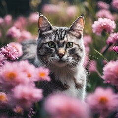 Naklejka na ściany i meble a cat sits in a field of purple flowers and stares