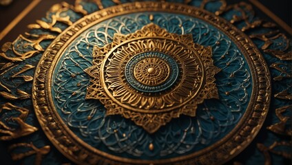 AI generated illustration of a gold ornate round decoration on black background with blue hue