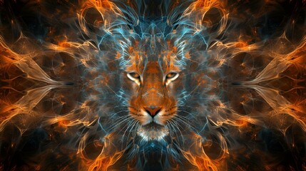 AI generated illustration of a majestic lion engulfed in flames against a dark backdrop