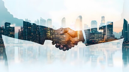 Business people handshake on city office building background in double exposure image showing success of partnership business deal. Concept of work agreement, trust partner, and corporate teamwork.