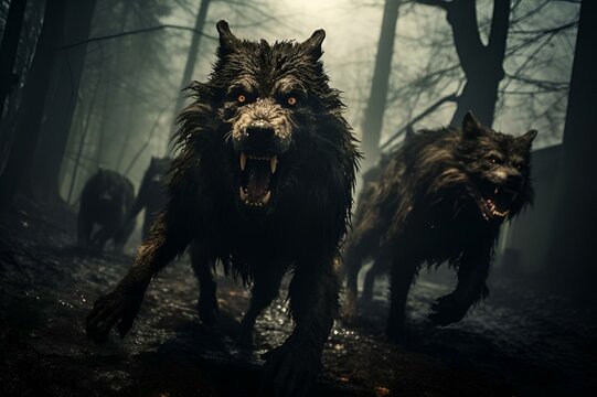 AI-generated illustration of fierce wolves pictured in a dark forest
