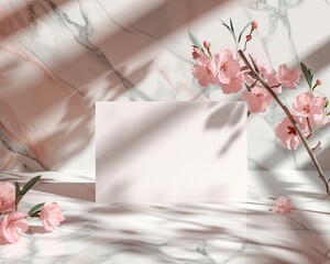 blank white card mockup, with delicate pink marble background