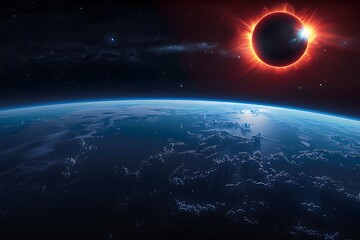 Earth and solar eclipse. Artwork of the Earth in space looking down from an altitude of a few...