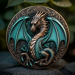 AI generated illustration of a metal coin with a vibrant turqoise dragon on its face