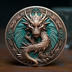 AI generated illustration of a large dragon coin with an ornate turquoise design