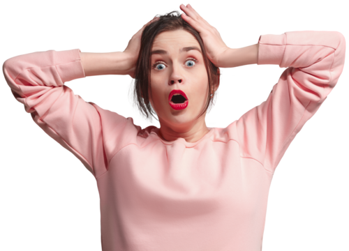 Wow, success. Young woman in pink sweatshirt expressing positive shock, feeling excited about victory isolated on transparent background. Concept of human emotions, facial expression.