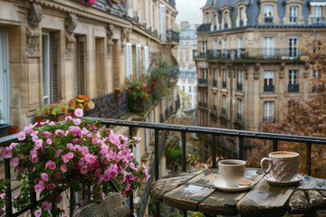 Fototapeta premium A balcony from a building in a Paris street, with a coffee mug on a table and pink flowers