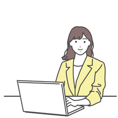 パソコンを使う笑顔のスーツ姿の女性のイラスト　ベクター素材　白バック、白背景、背景なし、透明