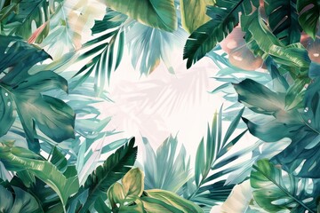Watercolor illustration of a frame from tropical leaves with a white copy space on a center. AI generated - 781195341