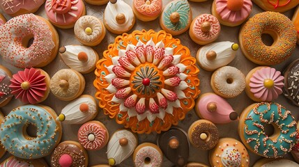 AI generated illustration of a vibrant assortment of frosted doughnuts displayed on a tray - obrazy, fototapety, plakaty
