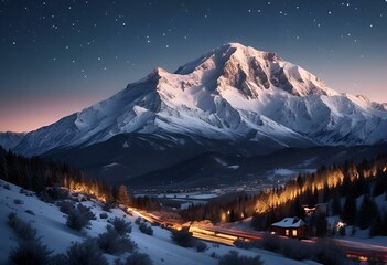 AI generated illustration of snow-capped mountains under a starry night sky