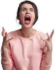 Expressing negative emotions. Screaming, hate, rage. Emotional angry woman shouting isolated on transparent background. Concept of human emotions, facial expression.