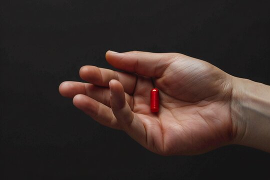 a hand holding a red pill