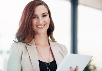 Portrait, businesswoman and office with tablet for meeting by planning, research and ideas with digital technology. Happy, female person and working on computer for finance report on company