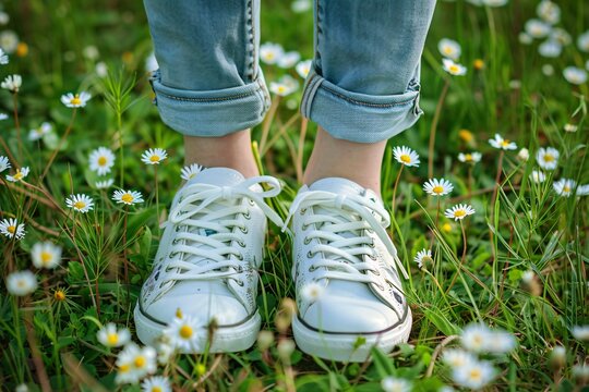 a person's feet in white shoes standing in grass with flowers