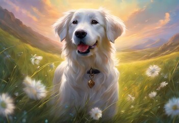 AI generated illustration of a golden retriever sitting in field - obrazy, fototapety, plakaty