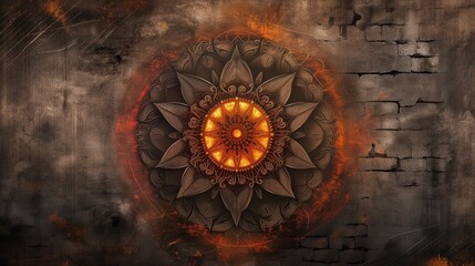 an abstract Mandala design with a fire on the wall and a circular pattern in the center