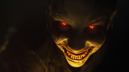 in the middle of the darkness, showing a yellowish smile, with eyes shining red