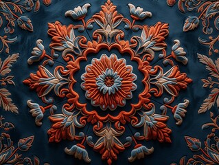 Close-up of vibrant orange and blue floral Mandala