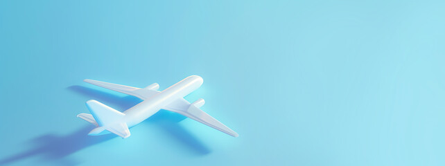 3D cartoon plane model on blue background. Minimalistic travel banner with copy space.