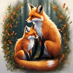 AI generated illustration of two foxes stacked on top of each other in a lush forest setting