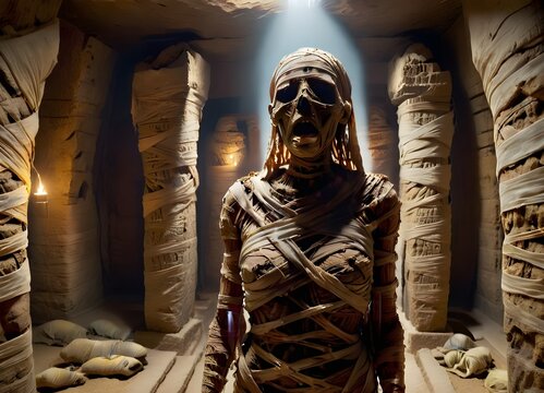 AI generated illustration of a mummia standing in illuminated cave
