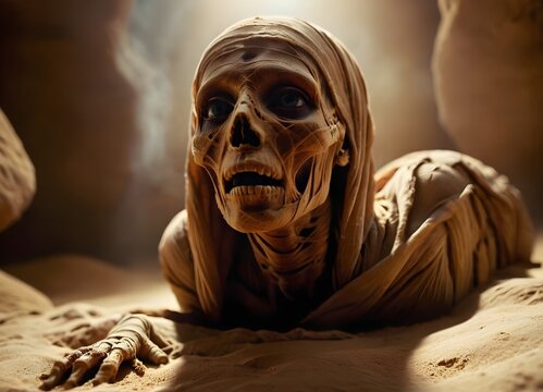 AI generated illustration of a mummia with its visage imprinted on the sandy terrain
