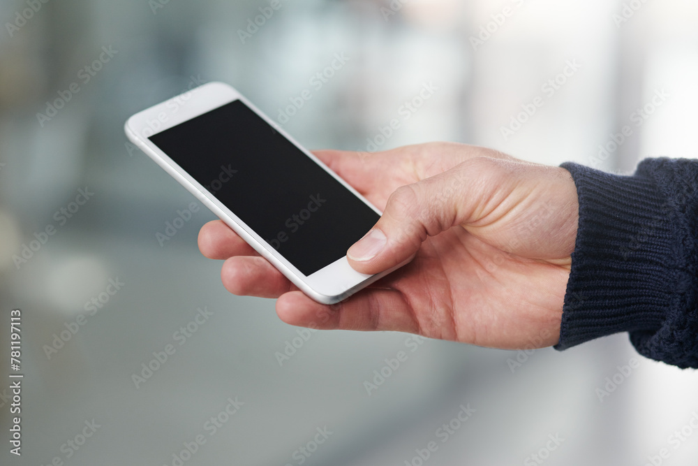 Aufkleber person, hand and phone with mockup screen for advertising, marketing or app display at the office. c