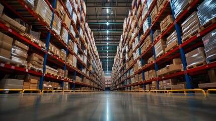 a large warehouse with aisles filled with goods and shelves in the center - obrazy, fototapety, plakaty