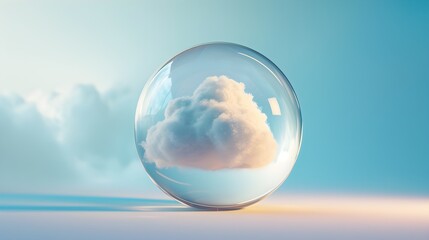 a cloud sitting in a bubble with a light blue background
