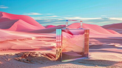 Fototapeta premium Mirrored Geometric Bag in Pink Desert. Generative AI