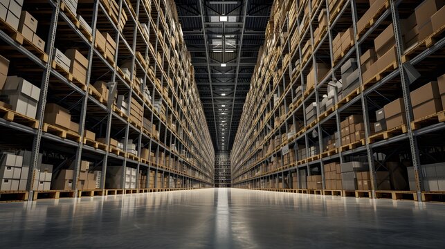 the empty warehouse with boxes in the aisles and pallets in the aisle