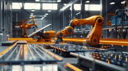 Innovative technology in action  An orange industrial robot arm assembles solar panels on a modern factory production line, highlighting advancements in automated manufacturing