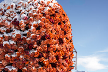 Vibrant, spherical structure filled with orange and white roses, set against a clear blue sky at Murren ski resort, Switzerland. Display may be part of a decorative installation.