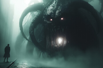 Gargantuan beast encountering a human in fog, AI-generated.