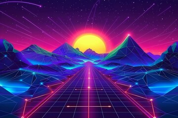 a digital landscape with mountains and sun