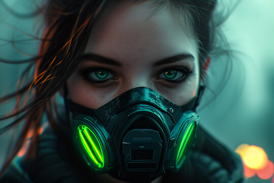 Mysterious woman with futuristic mask and glowing eyes. Generative AI image