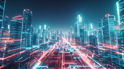 Neon Cityscape with Dynamic Light Trails, Cyberpunk Urban Skyline at Night