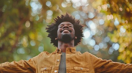 Portrait of a free happy black afro american man with open arms enjoying life in meadows and nature background , young joyful African male with good mental health