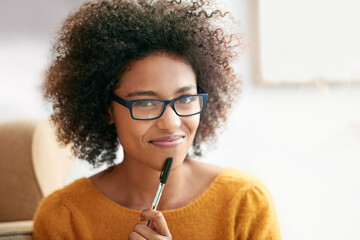Student, portrait and black woman in home thinking of future in university, college or higher...