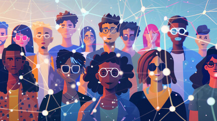 Diverse Digital Avatars Connected in a Network, Social Media Community Concept 
