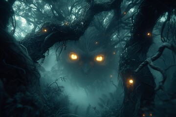 Sinister gaze emanates from the misty woods, AI-generated. - obrazy, fototapety, plakaty