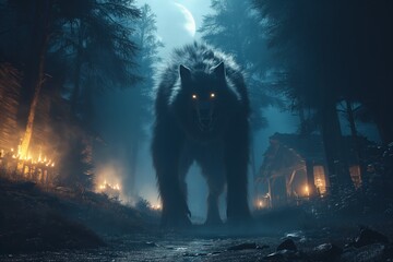 Mystical werewolf strolling nocturnal forest path amidst blazing inferno, AI-generated.