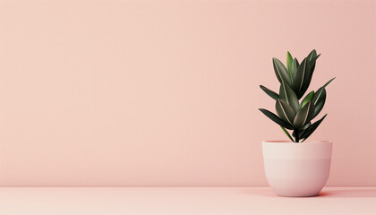 a potted green plant on a table against a pink wall