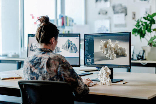 3D artist female crafting digital sculptures in computer. Generative AI